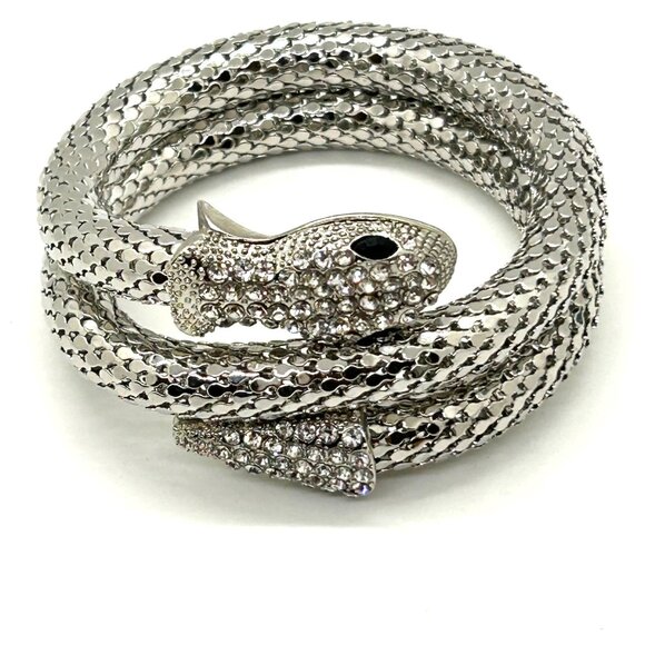 Silver Snake Memory Wire Bracelet Clear Rhinestones & Black Eyes Adjustable - Picture 1 of 11